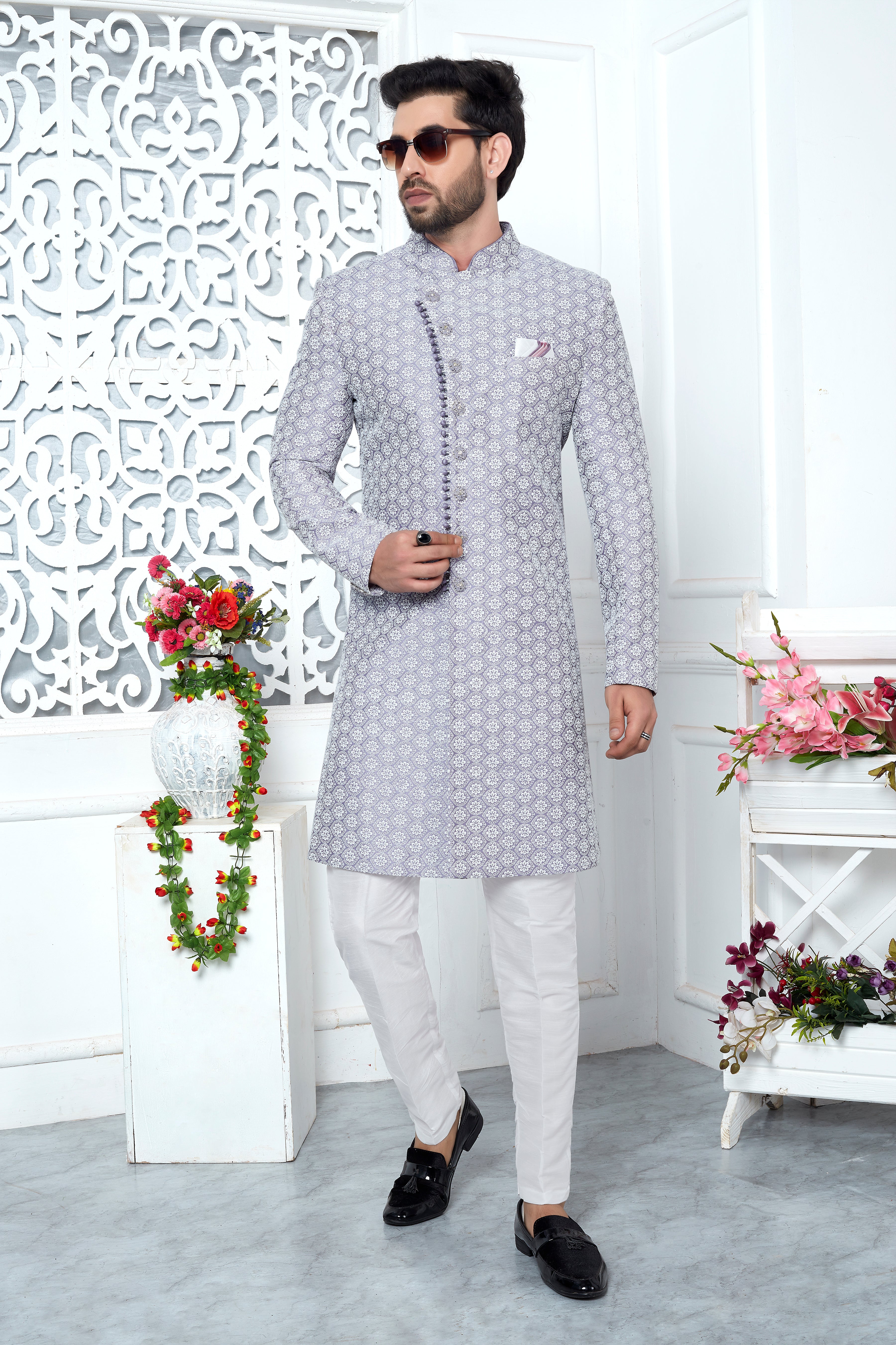 Grey Jacquard Woven Indo Sherwani