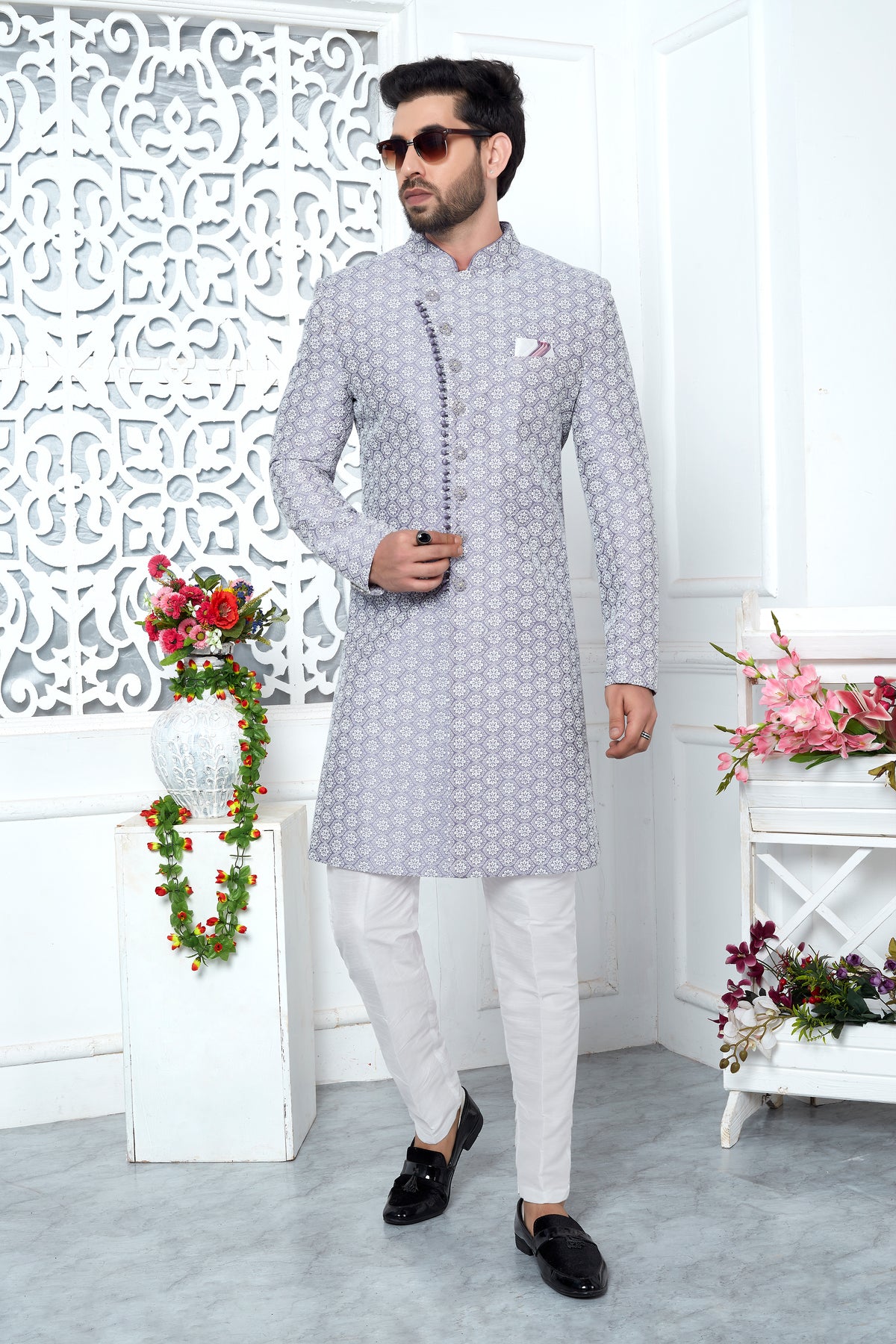 Grey Jacquard Woven Indo Sherwani