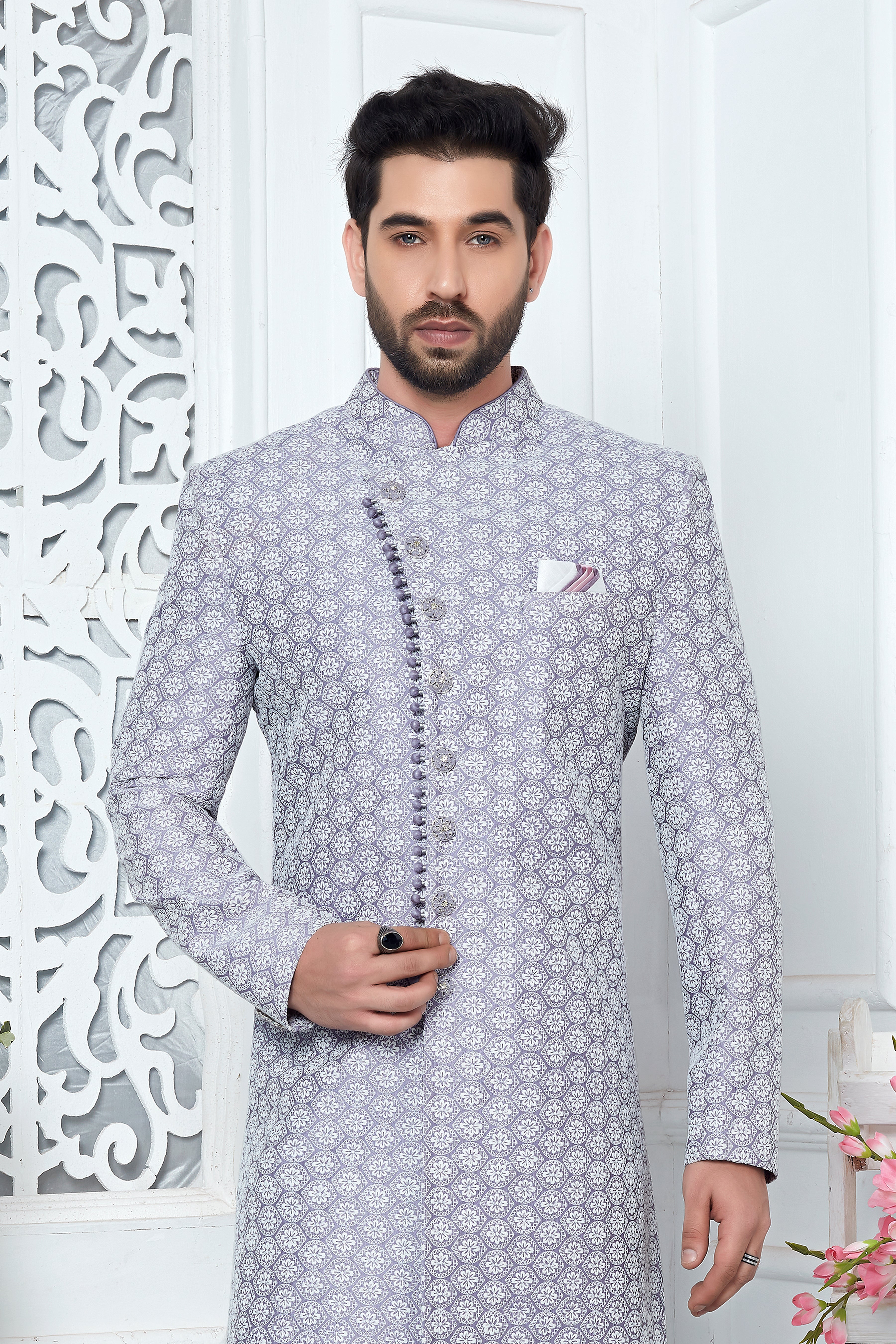Grey Jacquard Woven Indo Sherwani