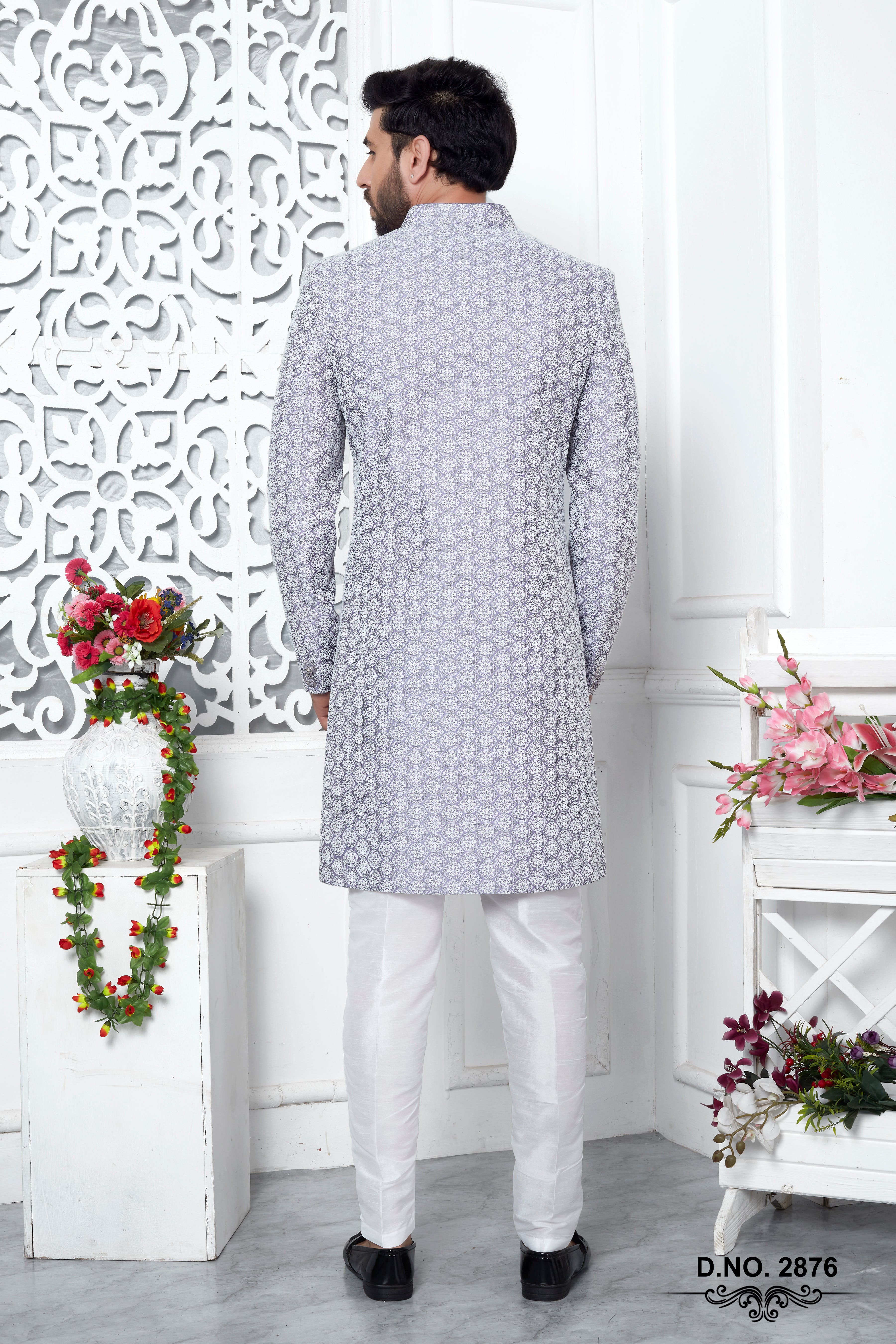 Grey Jacquard Woven Indo Sherwani