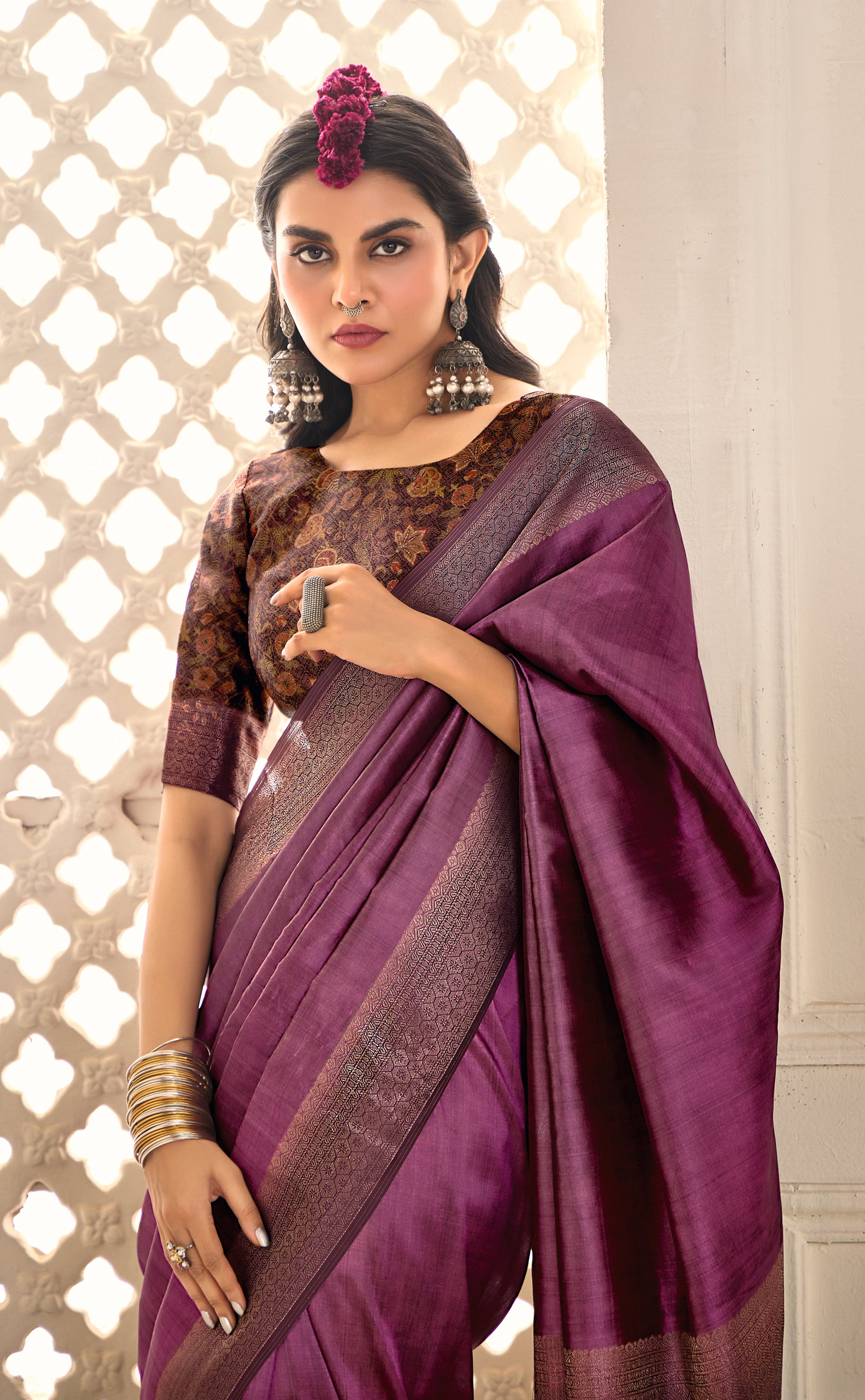 Purple Zari Embroidered Tussar Silk Saree