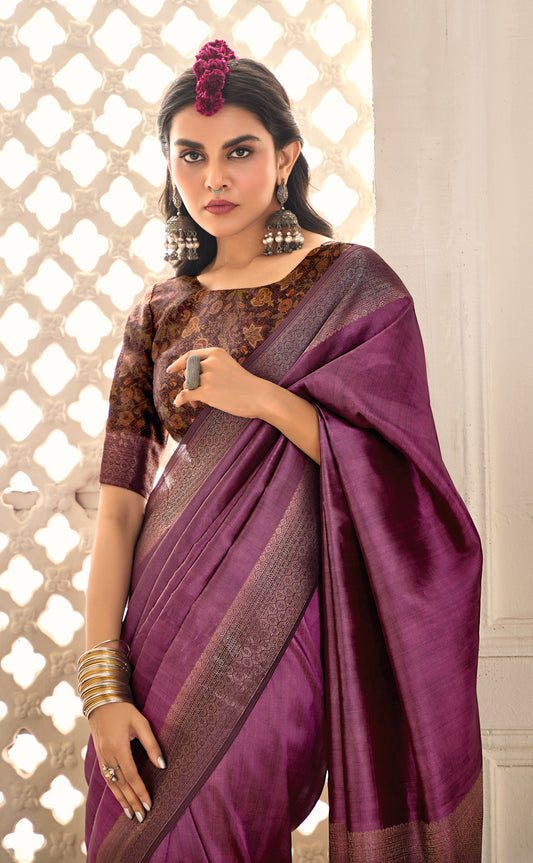 Purple Zari Embroidered Tussar Silk Saree