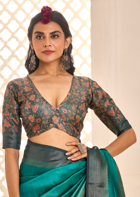 Designer Teal Green Zari Woven Tussar Silk Saree