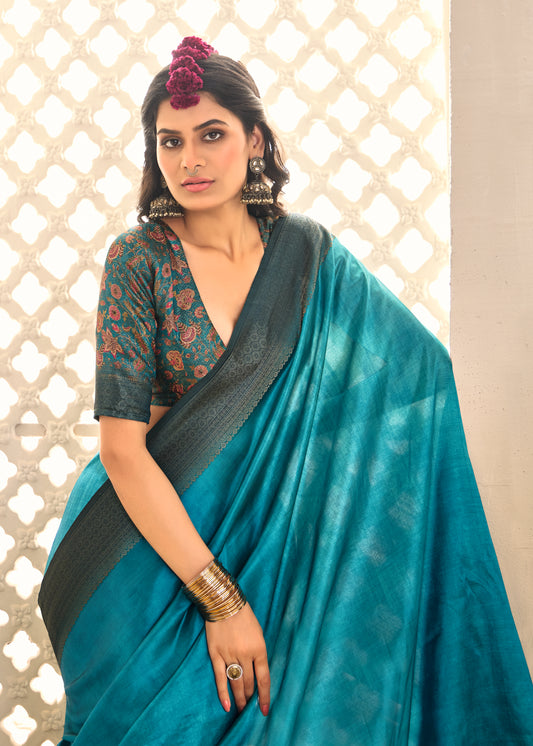 Festive Teal Blue Zari Woven Tussar Silk Saree