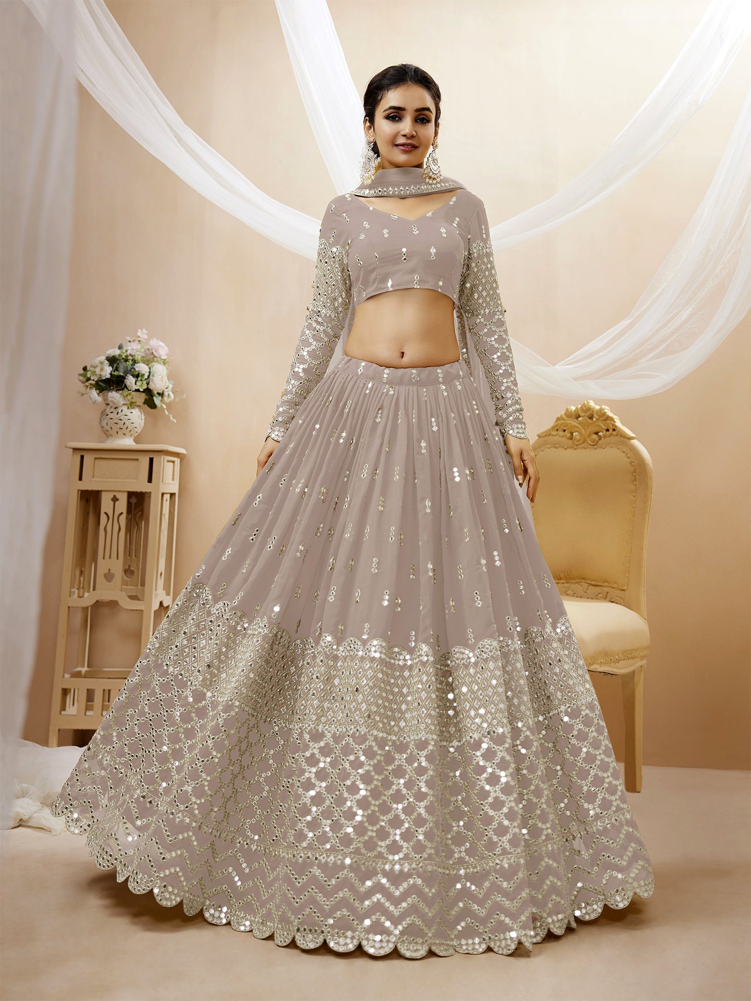 Grey Zari Embroidered Lehenga Choli