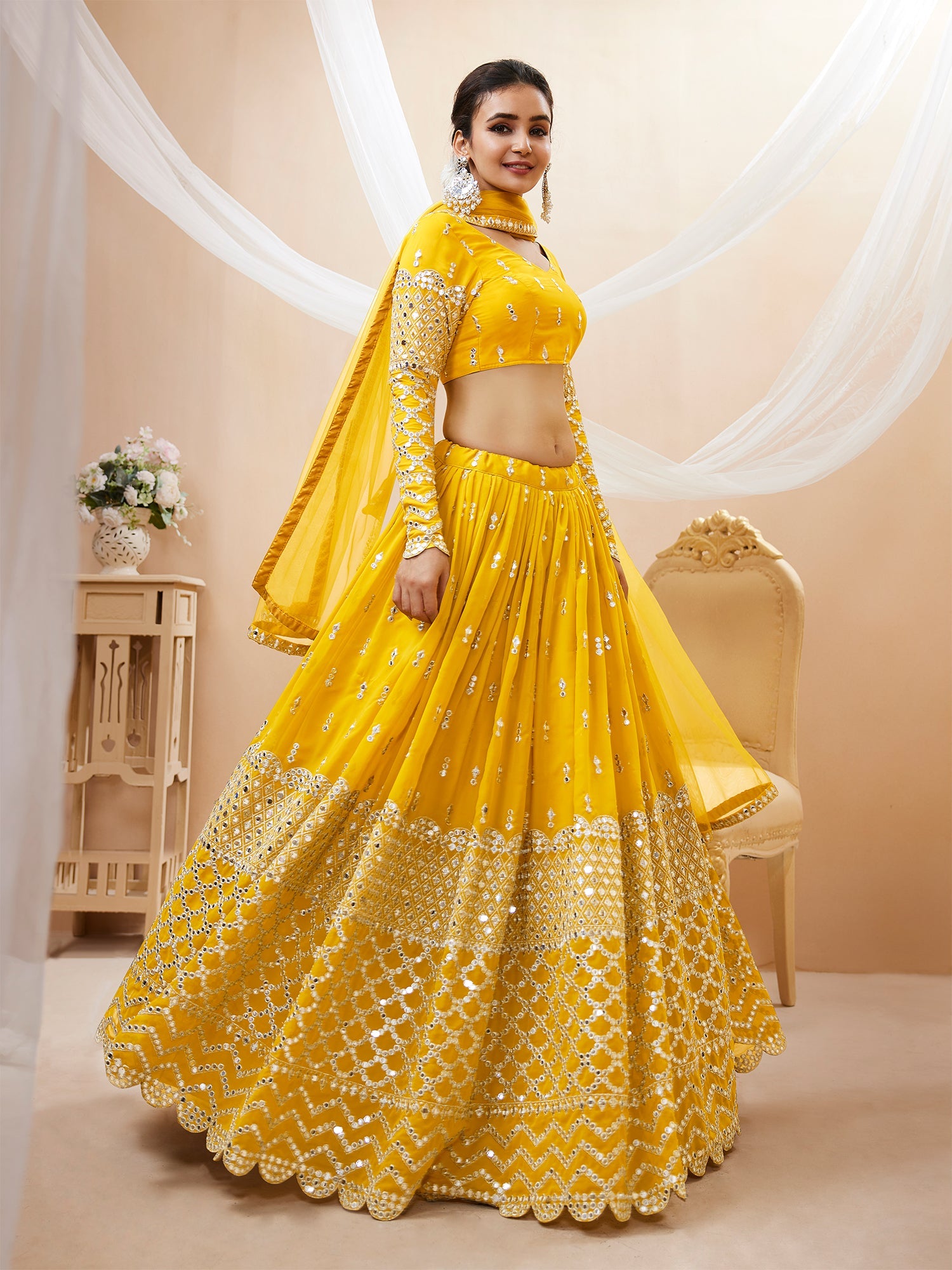 Yellow Zari Sequin Embroidered Lehenga Choli