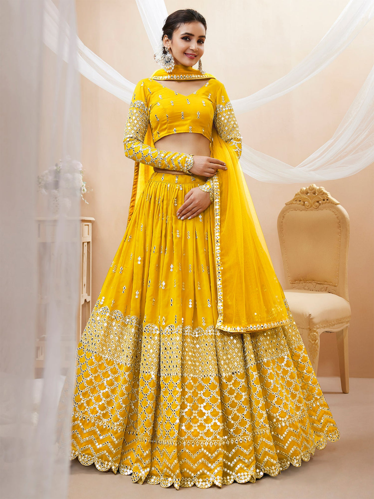 Yellow Zari Sequin Embroidered Lehenga Choli