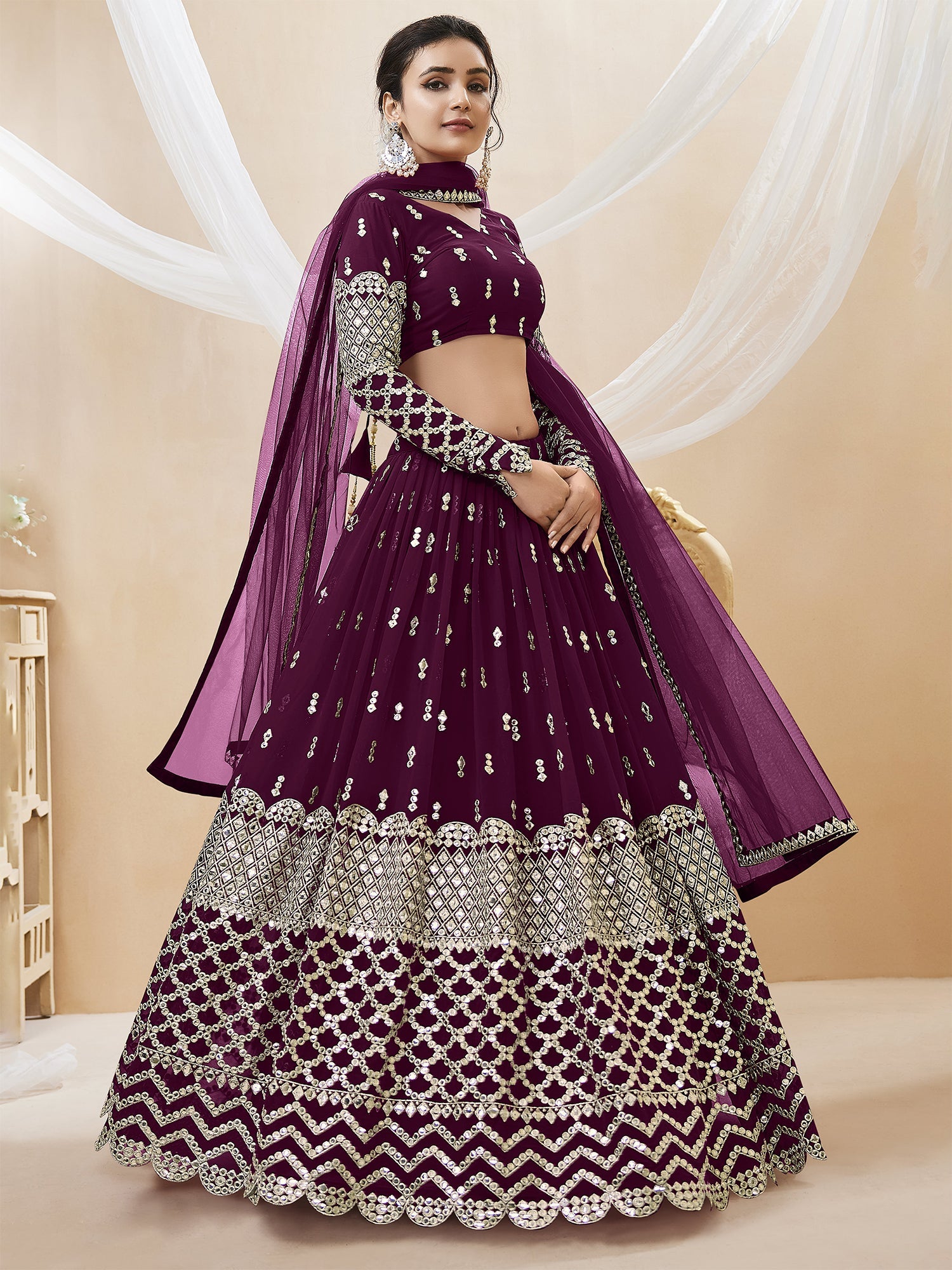 Festive Wine Sequin Embroidered Lehenga Choli