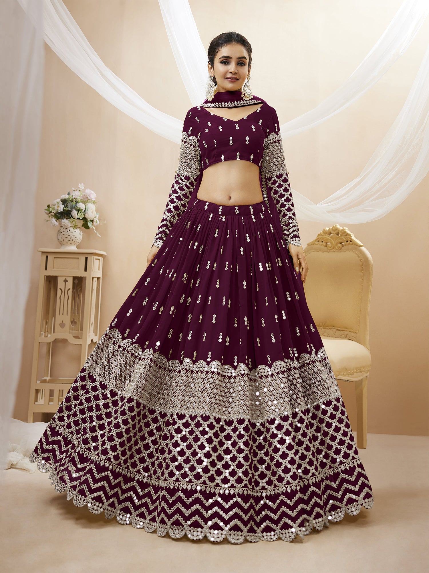 Festive Wine Sequin Embroidered Lehenga Choli