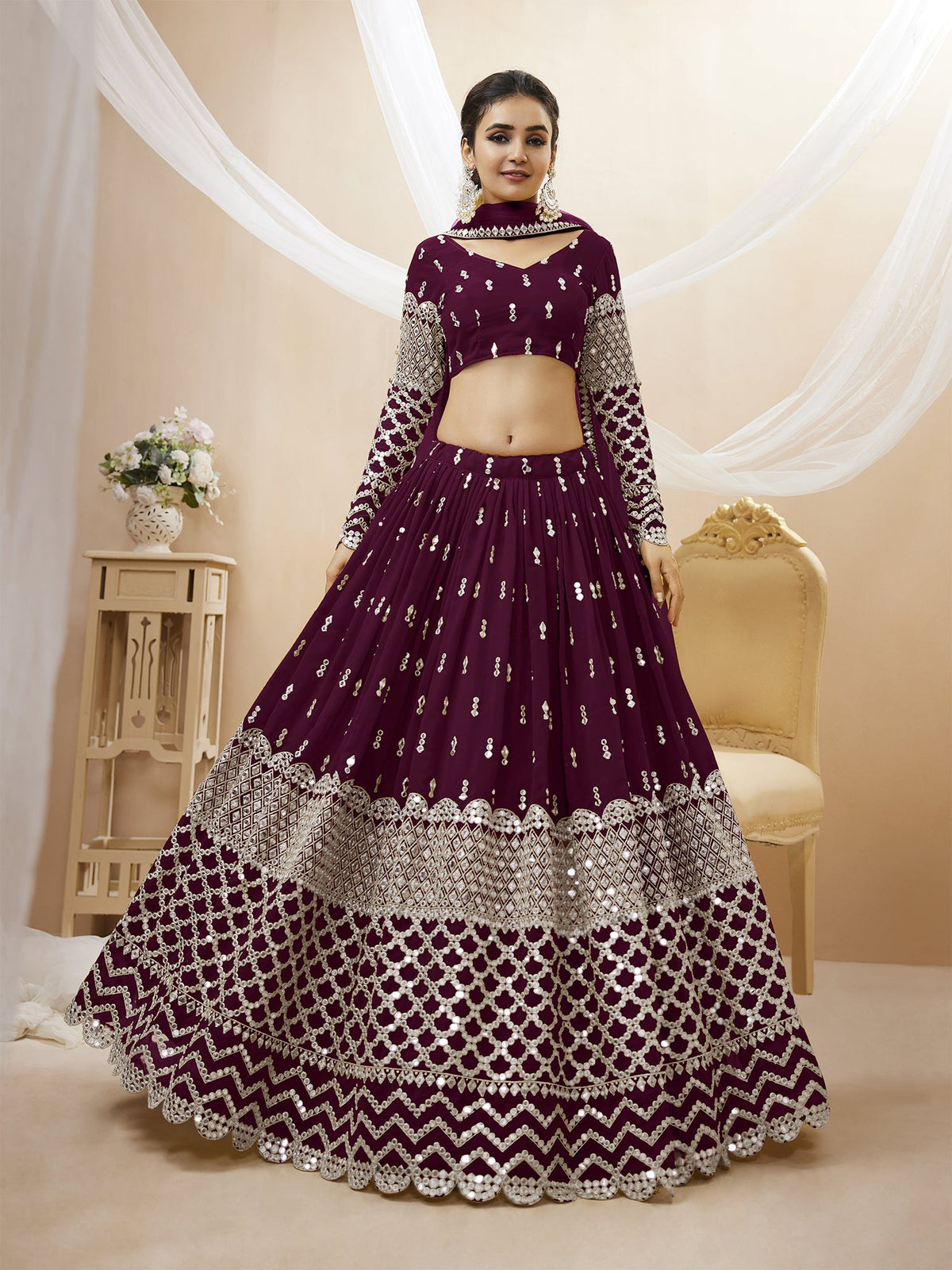 Festive Wine Sequin Embroidered Lehenga Choli