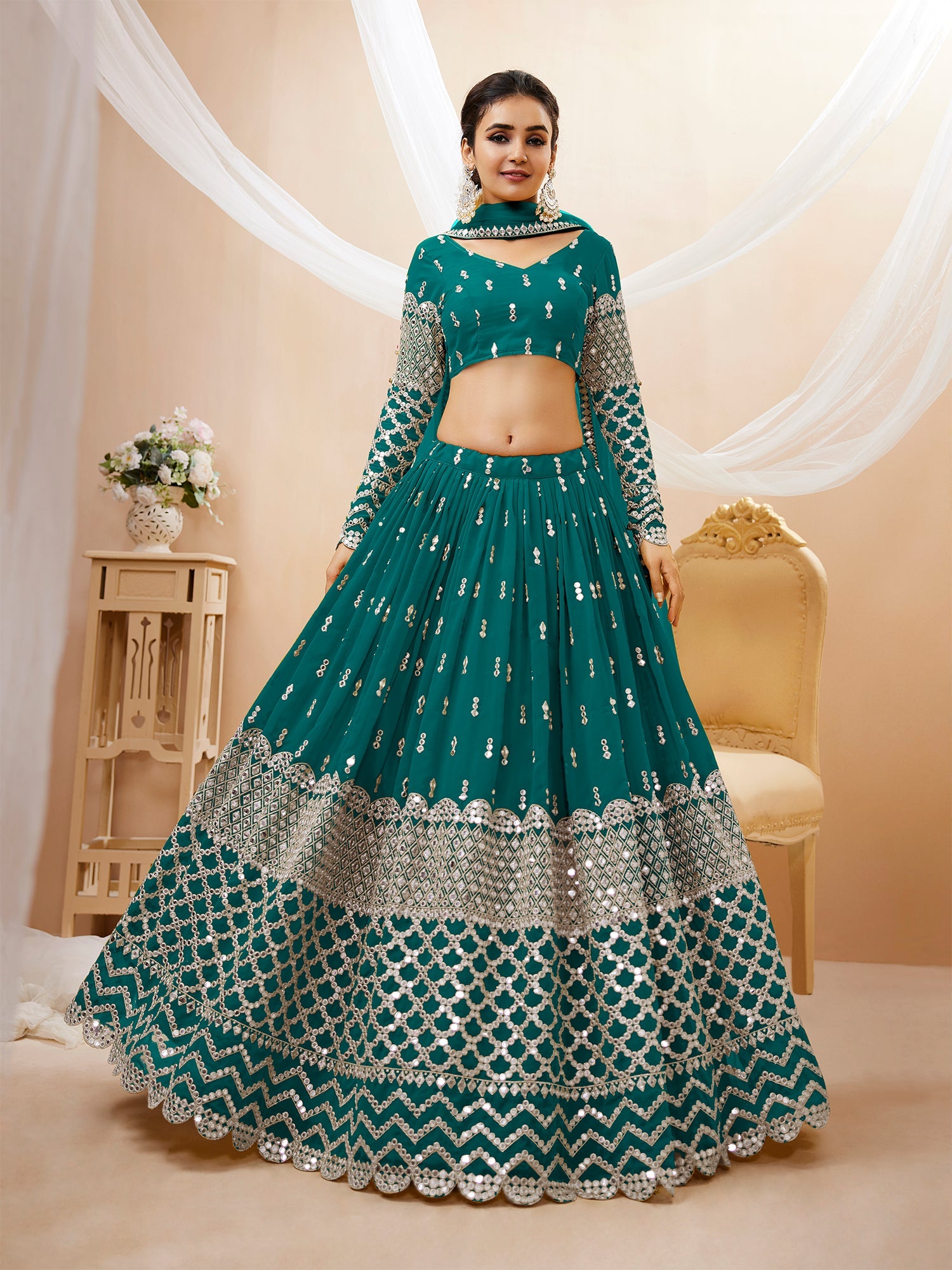 Teal Blue Sequin Embroidered Lehenga With Choli