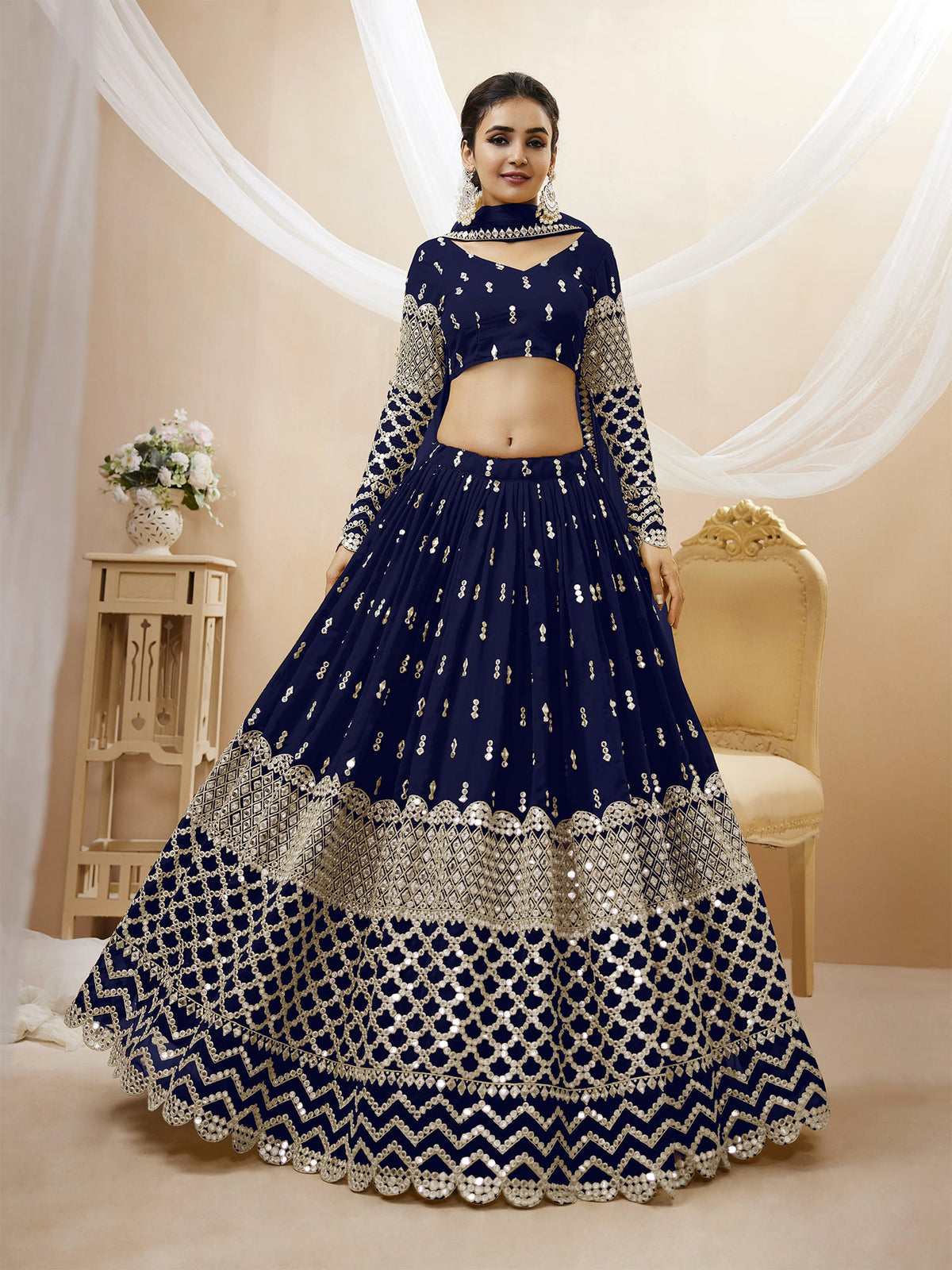 Navy Blue Zari Embroidered Lehenga Choli