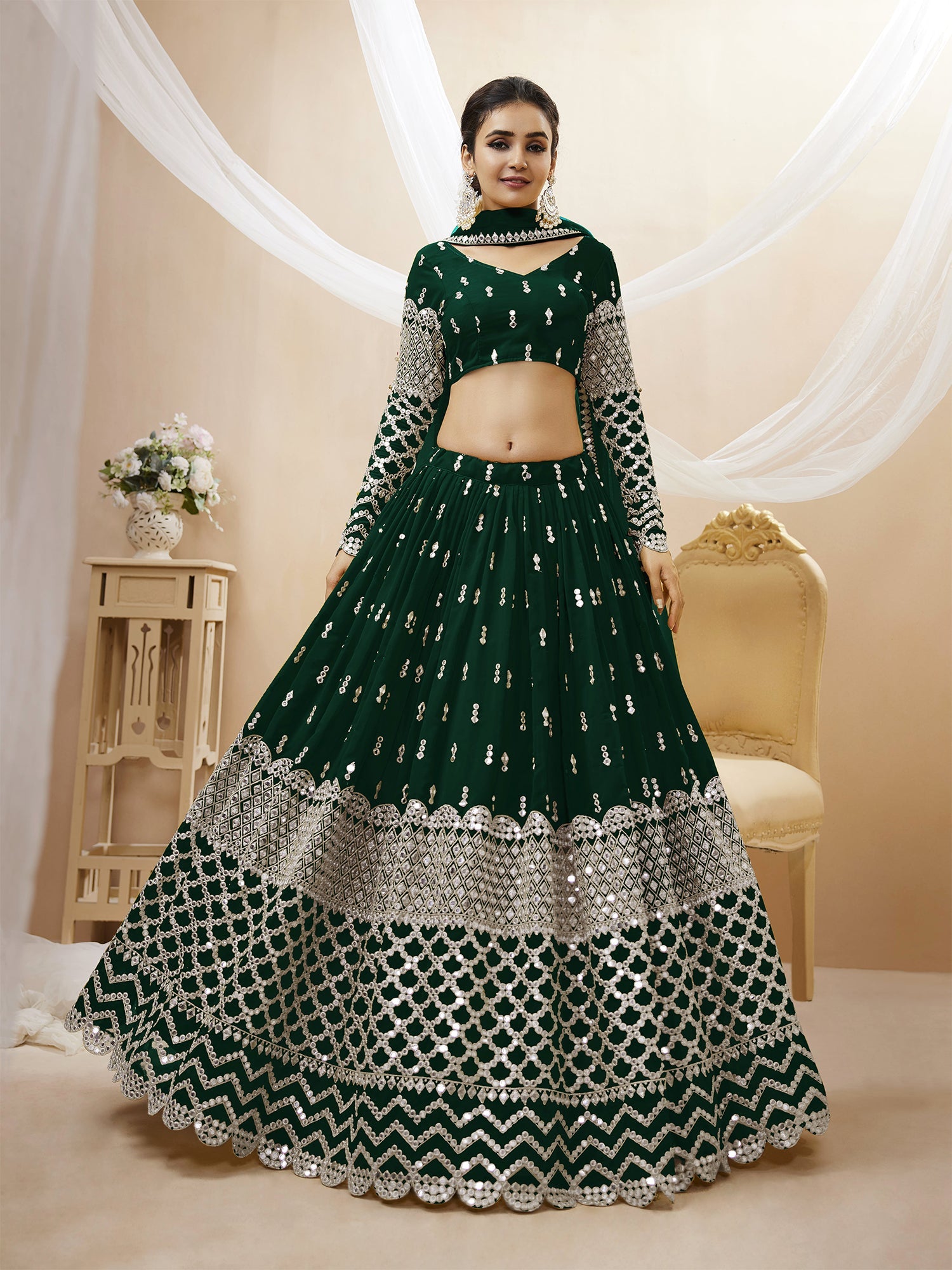Dark Green Sequin Embroidered Lehenga Choli