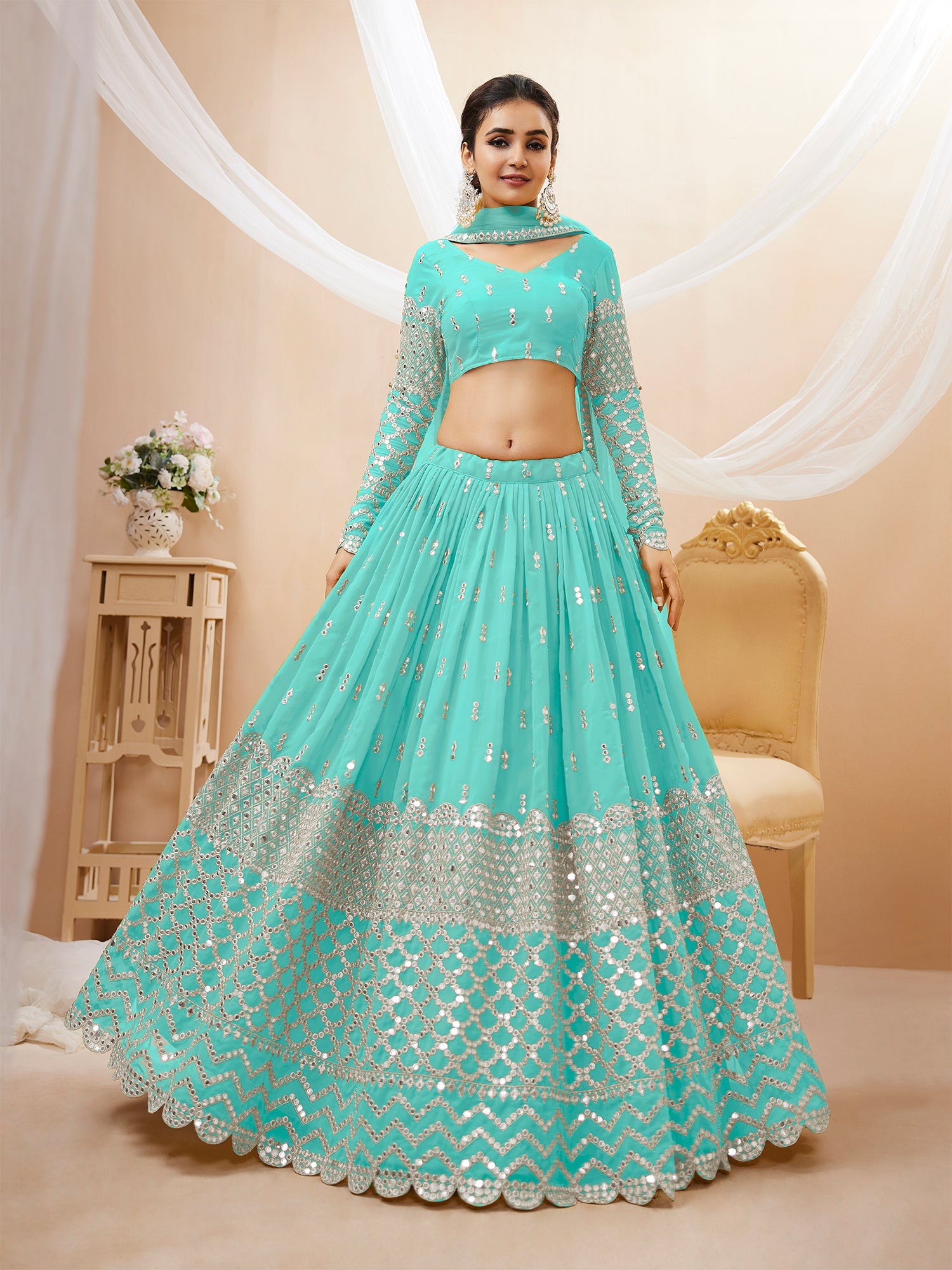 Sky Blue Sequin Embroidered Lehenga Choli