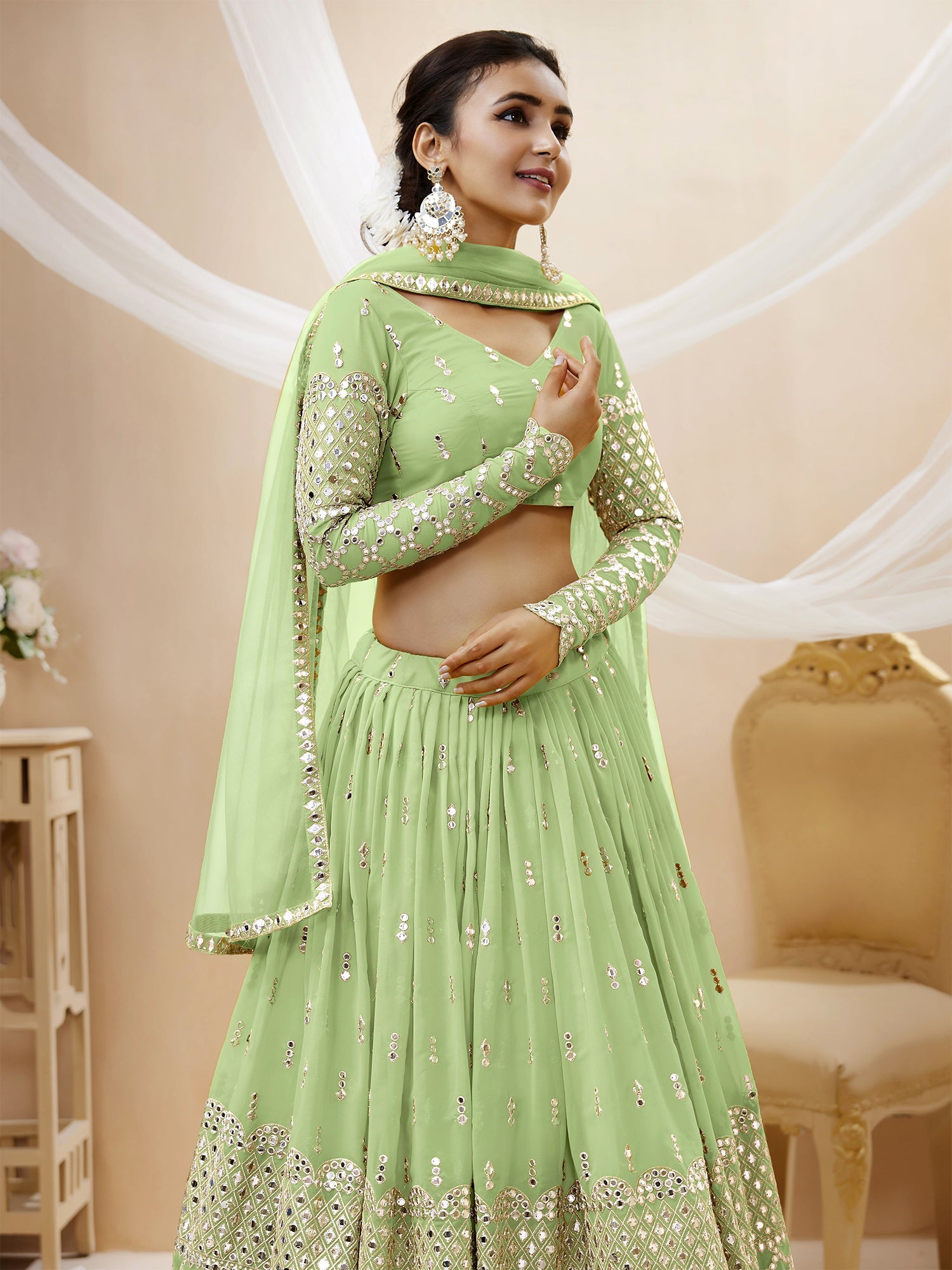 Green Zari Sequin Embroidered Lehenga Choli
