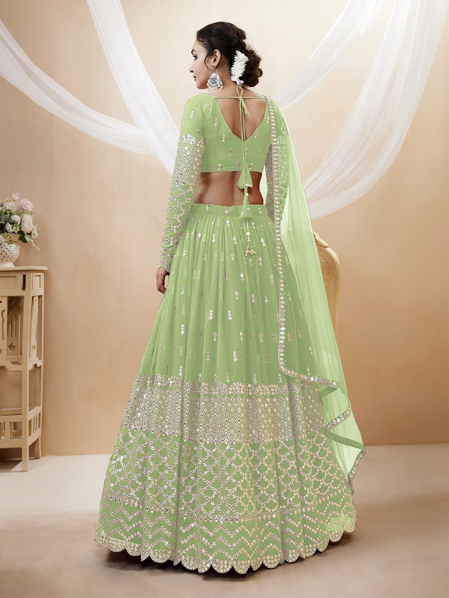 Green Zari Sequin Embroidered Lehenga Choli