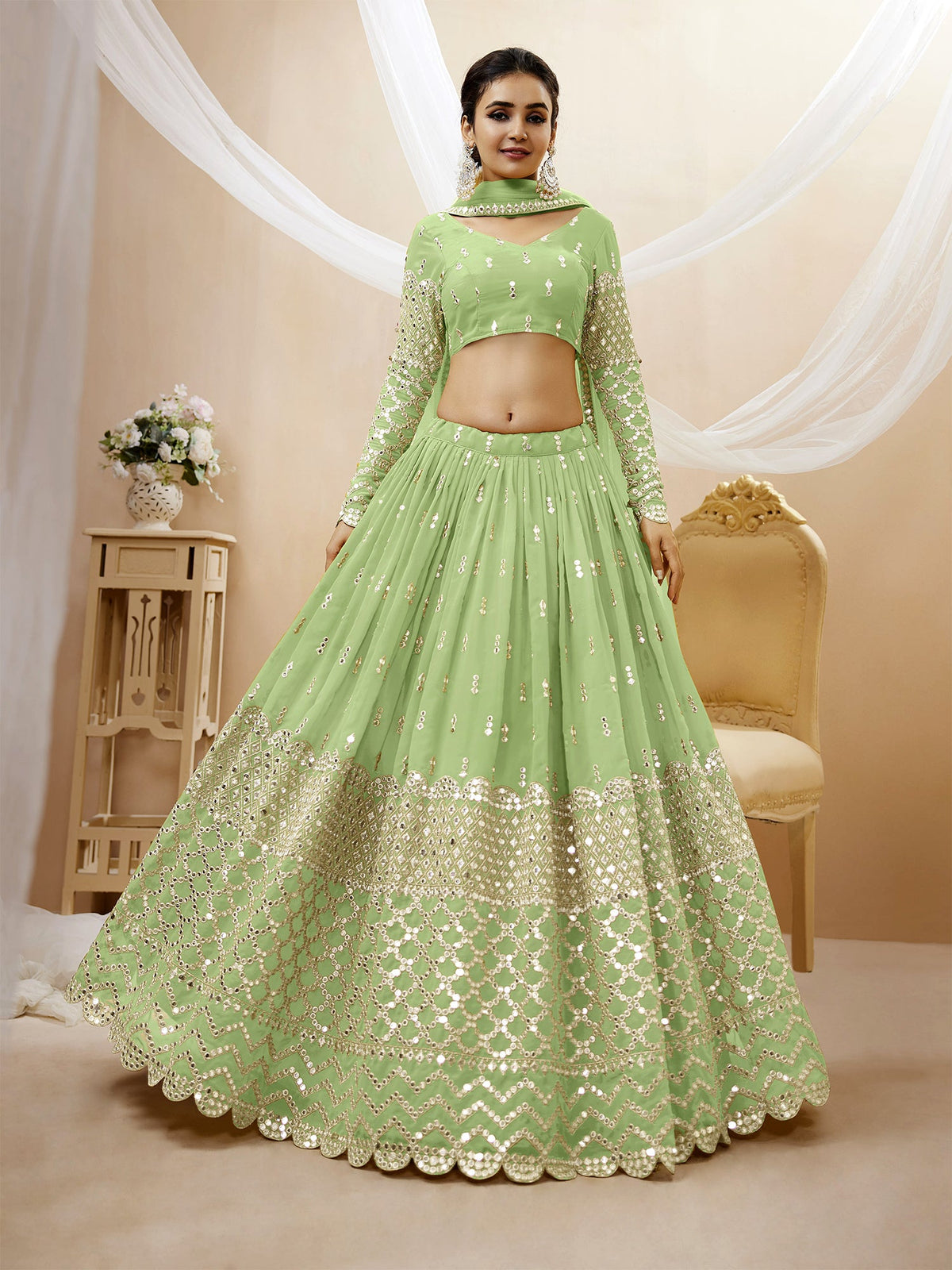 Green Zari Sequin Embroidered Lehenga Choli