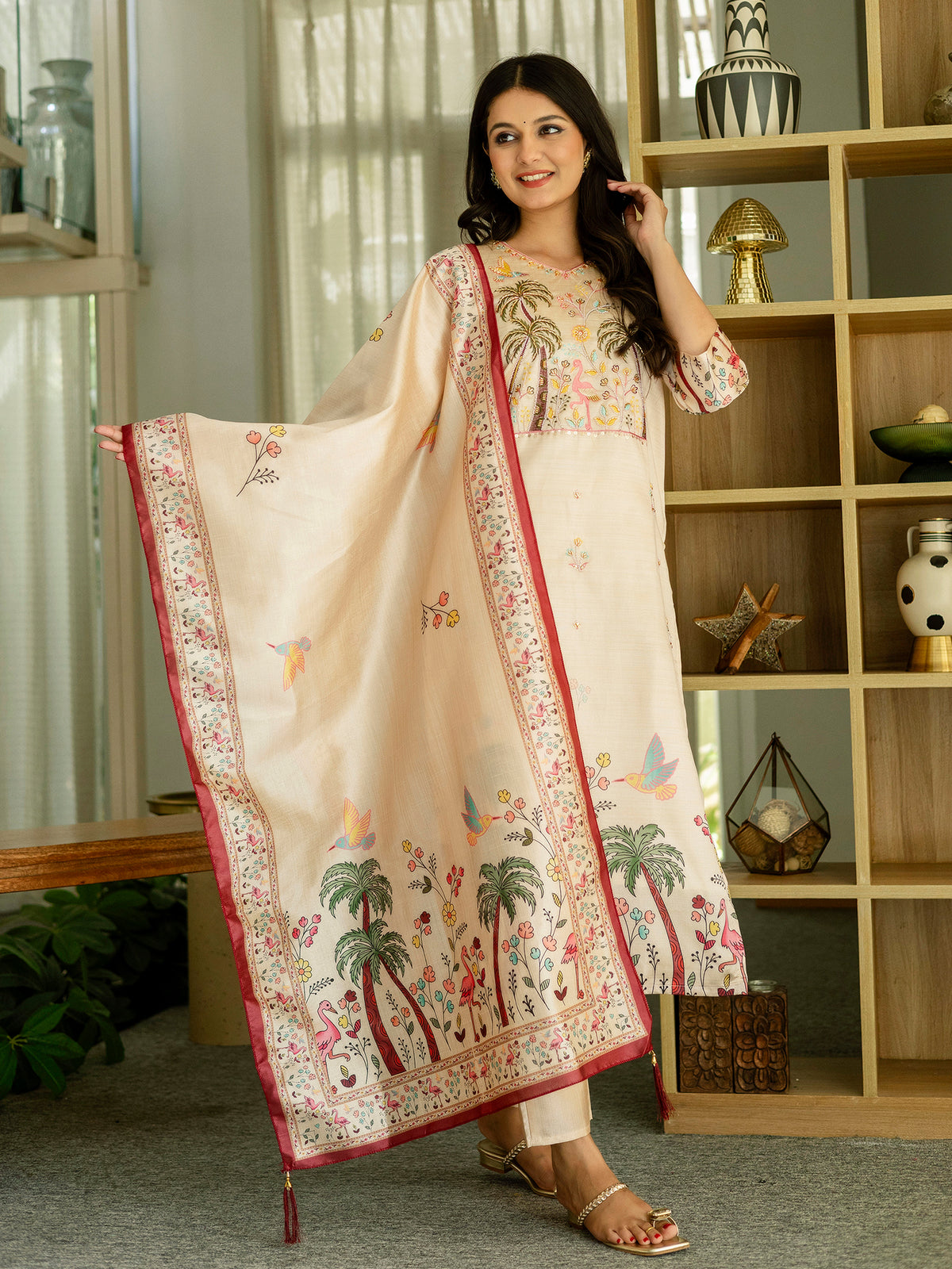 Cream Embroidered Readymade Salwar Suit