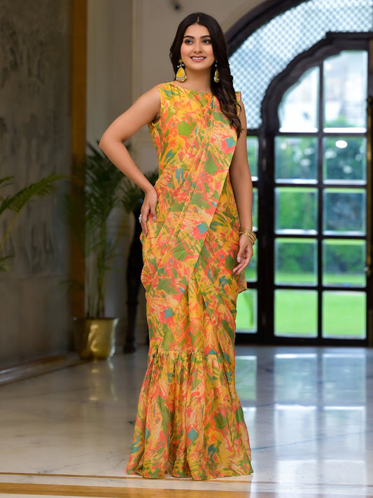 Yellow Floral Printed Saree Online