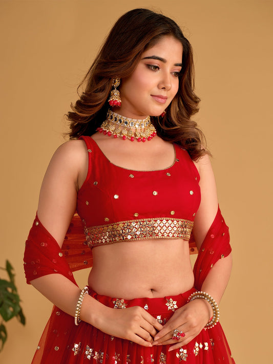 Red Sequin Emroidered Festive Lehenga Choli
