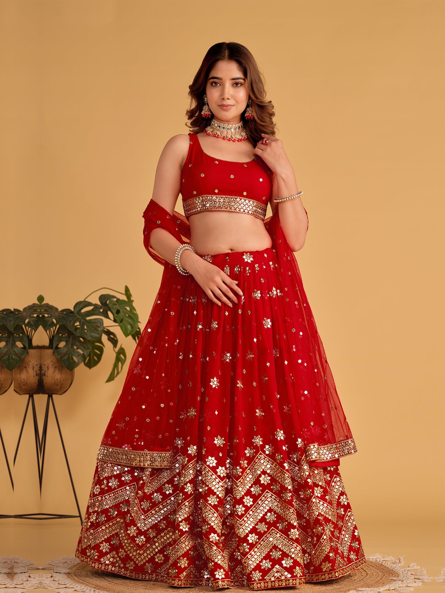Red Sequin Emroidered Festive Lehenga Choli