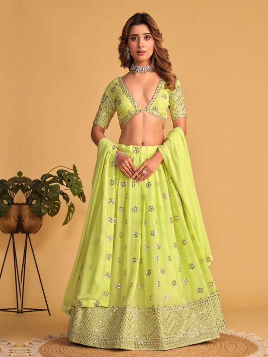 Neon Green Sequin Emroidered Festive Lehenga Choli