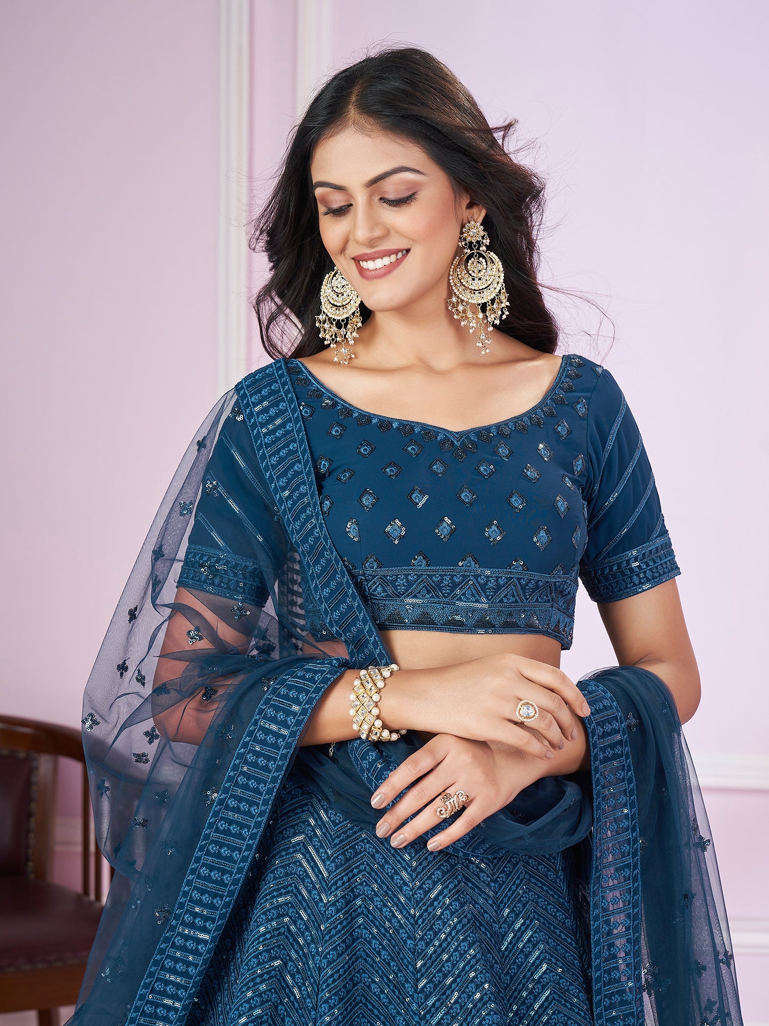 Blue Zari Embroidered Party Wear Lehenga