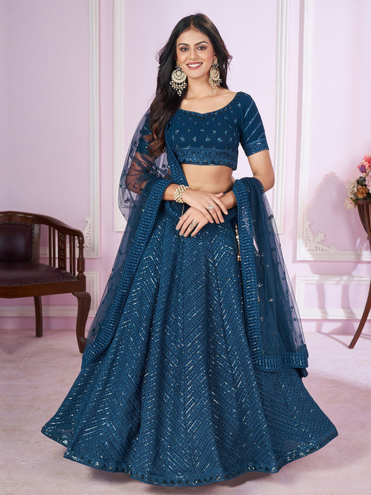 Blue Zari Embroidered Party Wear Lehenga