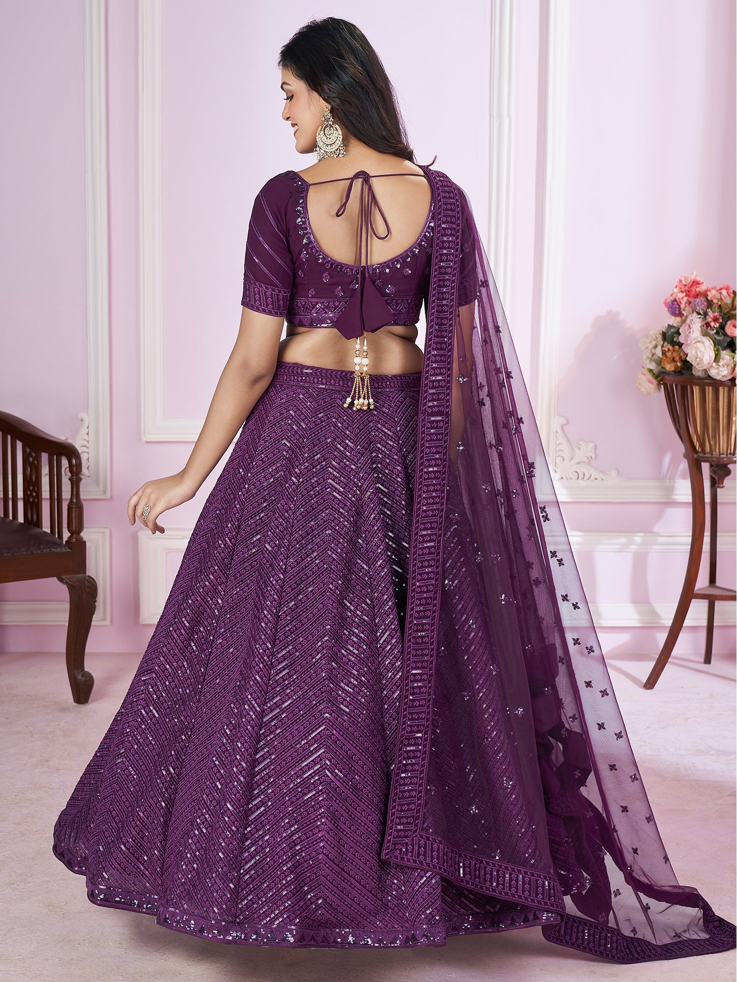 Purple Zari Embroidered Party Wear Lehenga