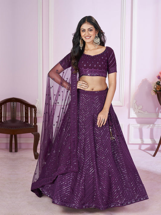 Purple Zari Embroidered Party Wear Lehenga