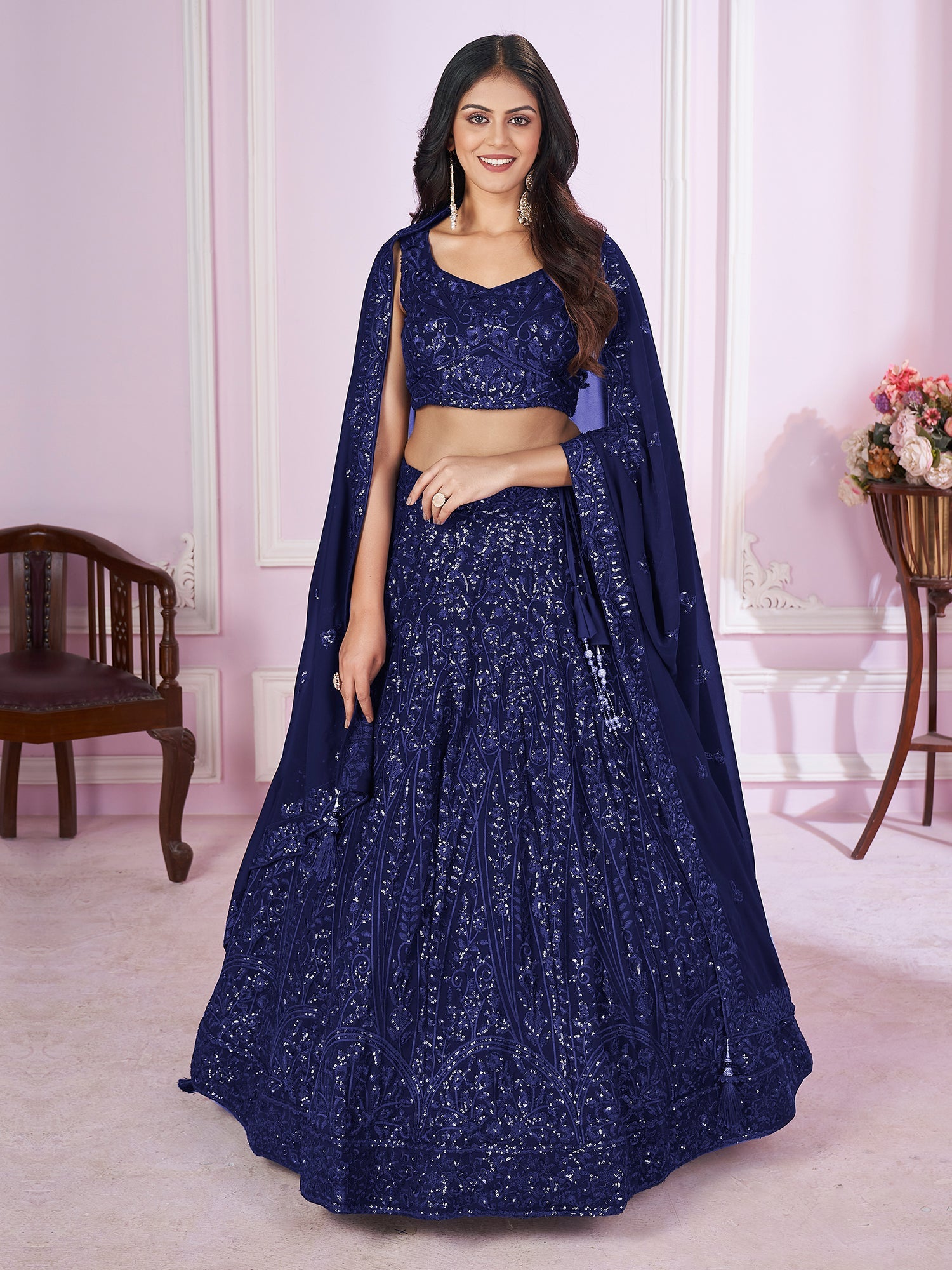 Blue Sequin Embroidered Party Wear Lehenga Choli