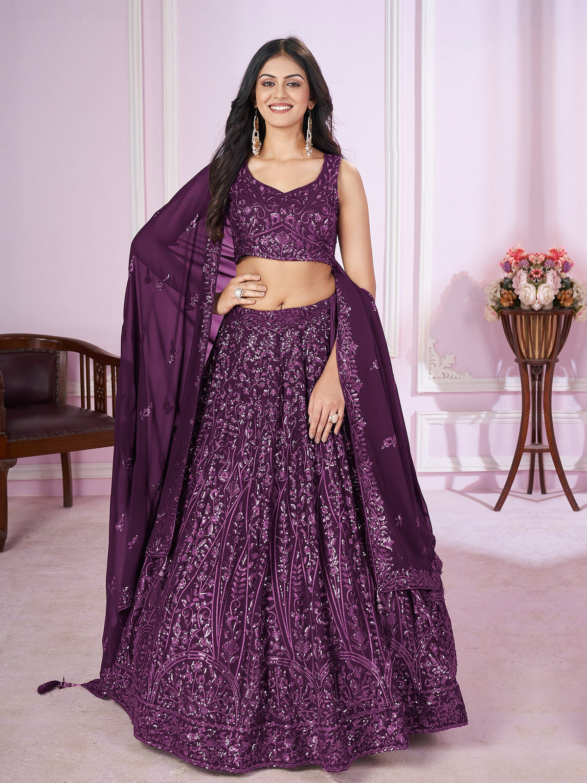 Purple Embroidered Party Wear Lehenga Choli