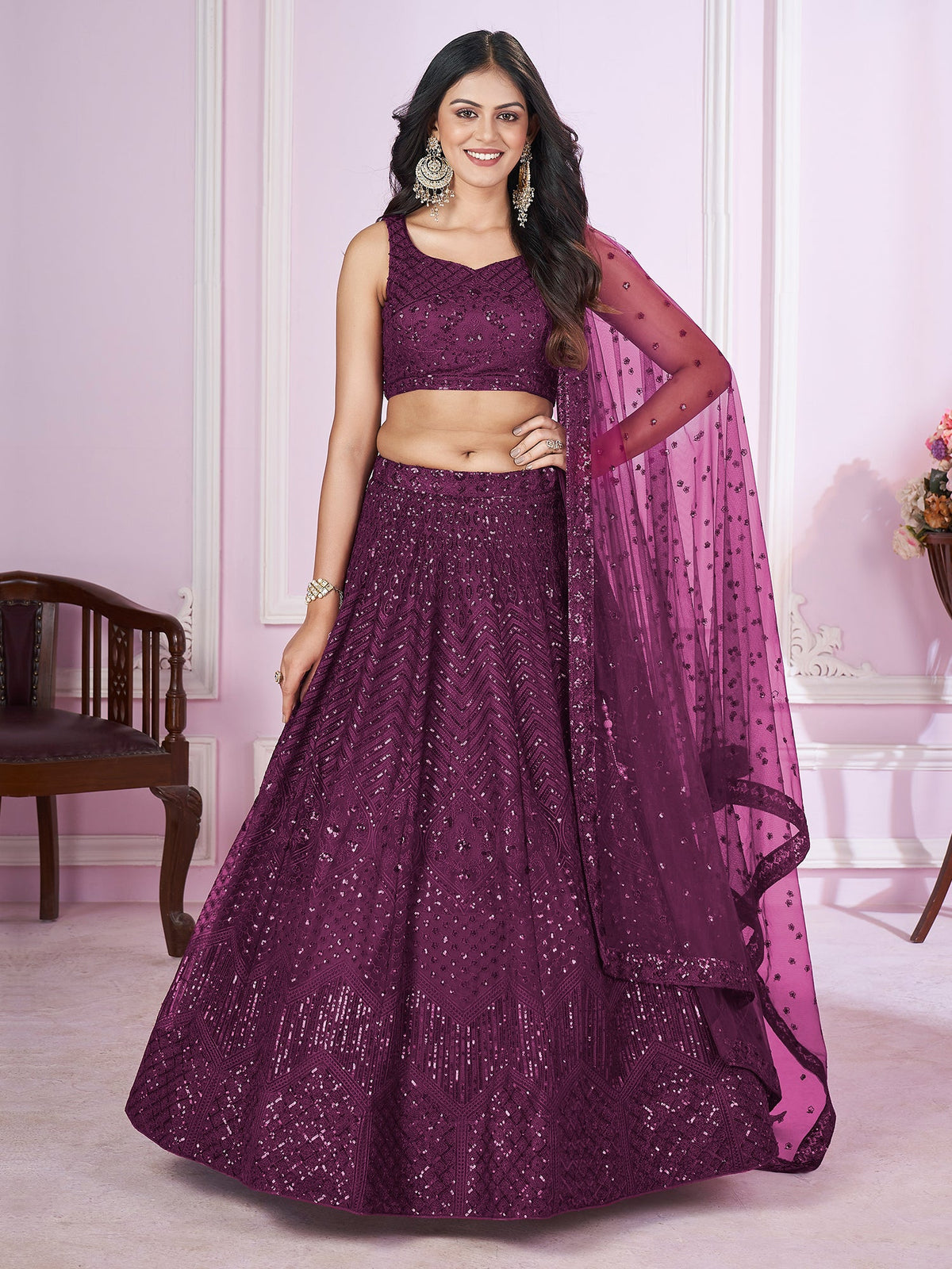 Purple Zari Embroidered Party Style Lehenga