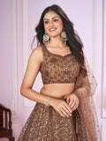 Brown Zari Embroidered Party Wear Lehenga