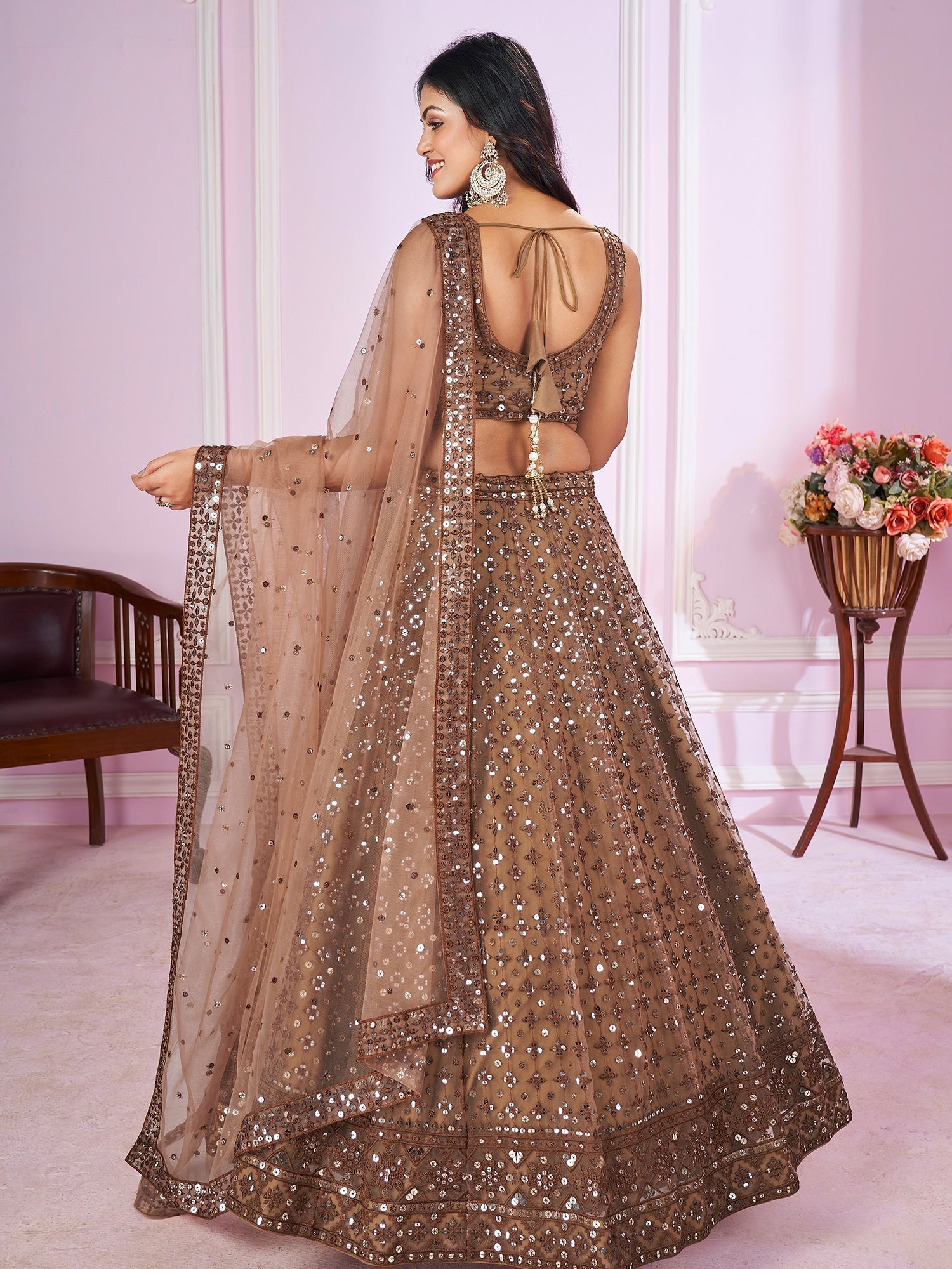 Brown Zari Embroidered Party Wear Lehenga