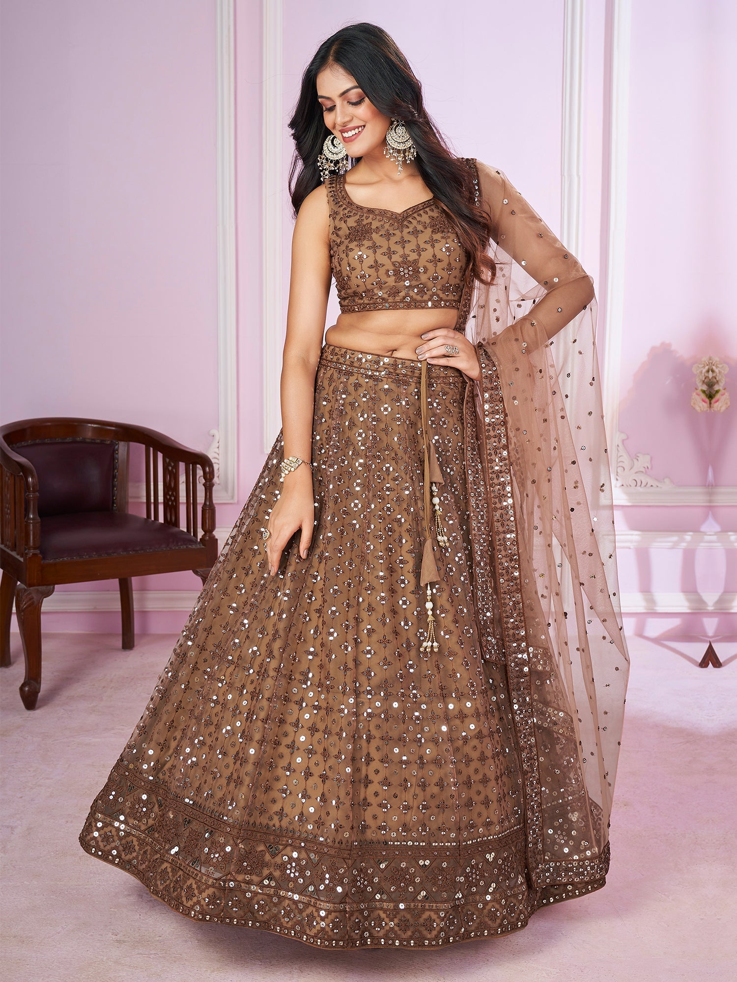 Brown Zari Embroidered Party Wear Lehenga