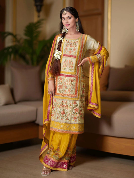 Yellow Jacquard Readymade Sharara Suit