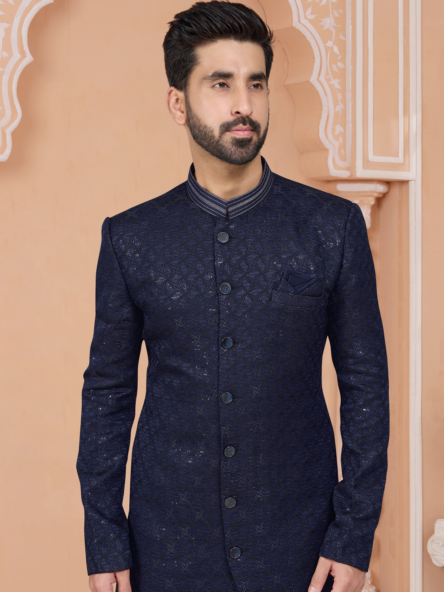 Navy Blue Sequin Embroidered Indo Western Set