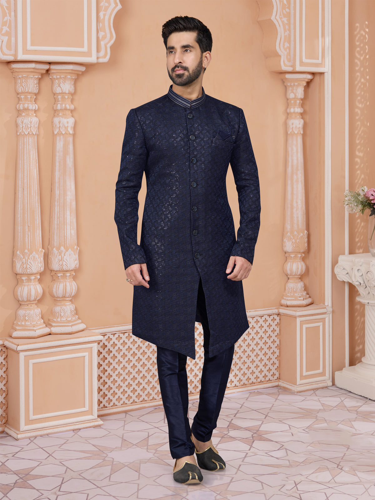 Navy Blue Sequin Embroidered Indo Western Set