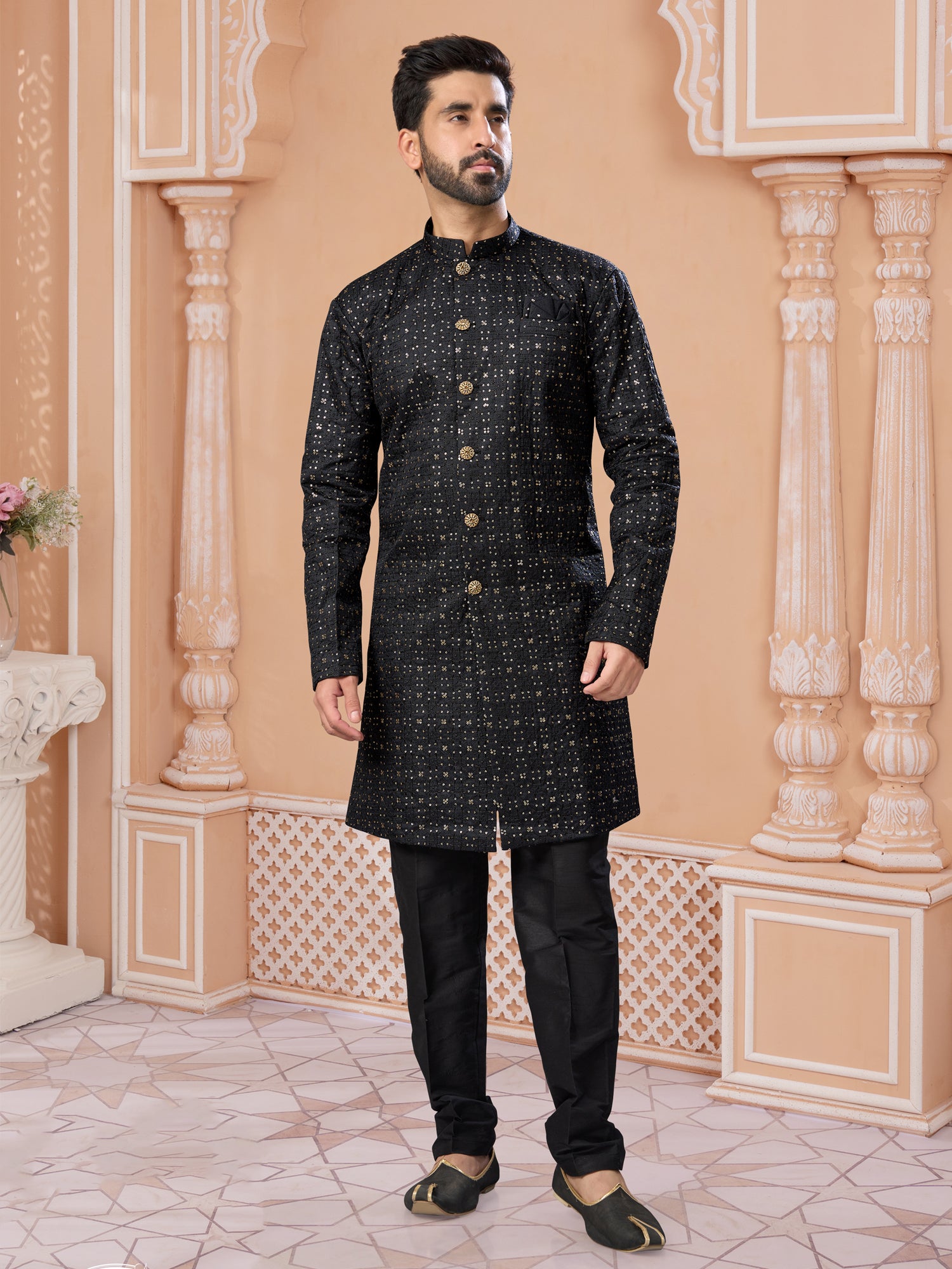 Black Thread Embroidered Indo Western Sherwani
