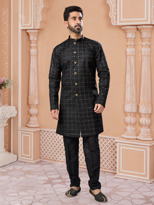 Black Thread Embroidered Indo Western Sherwani