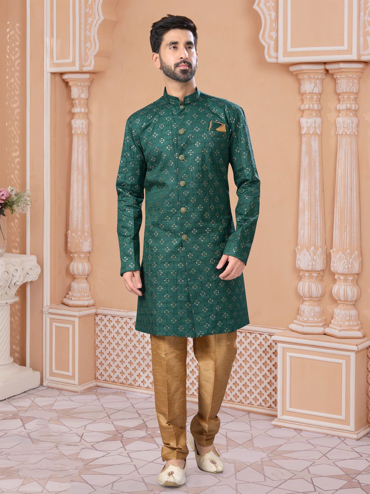 Green Art Silk Sequin Indo Western Sherwani