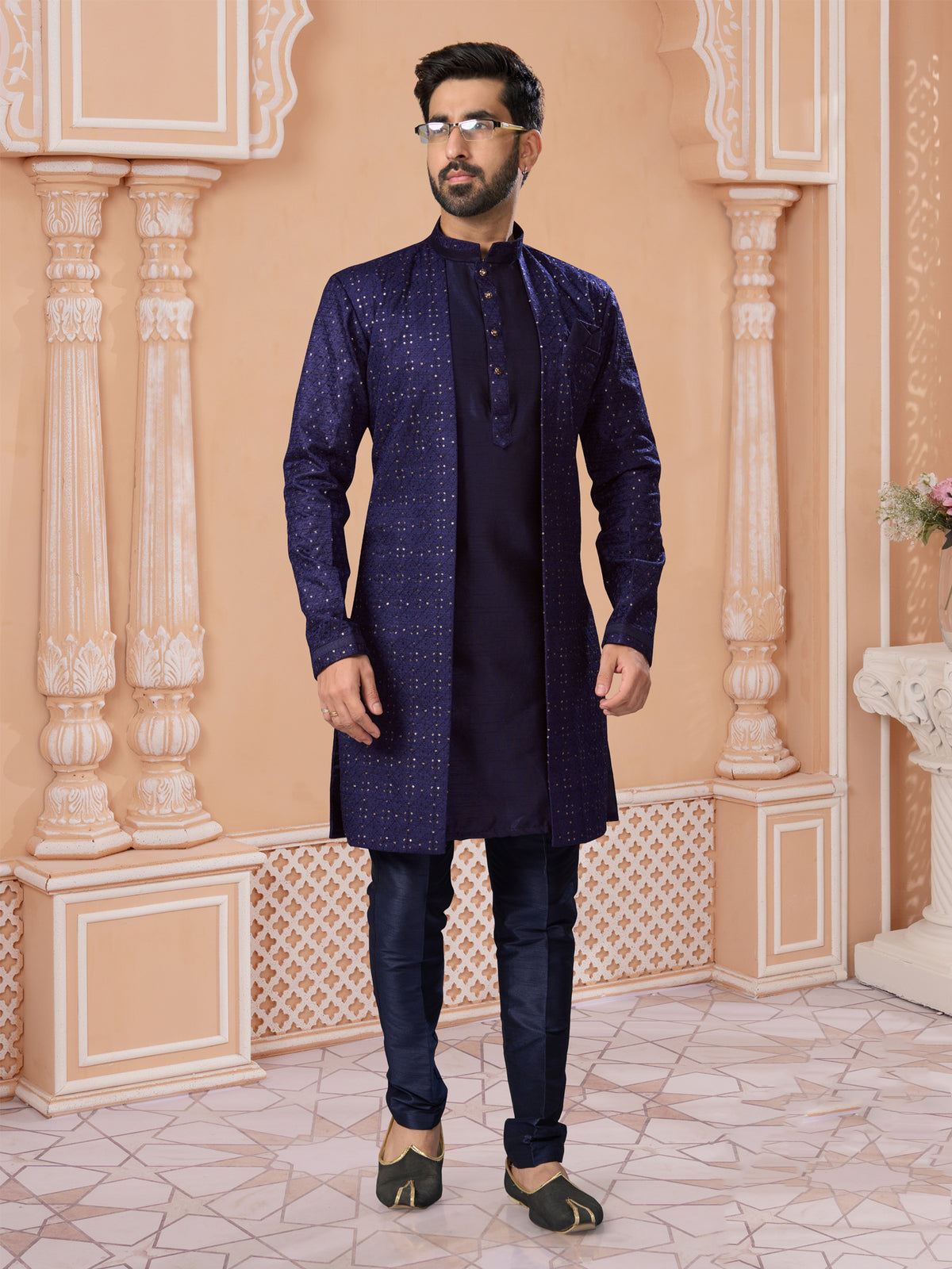 Navy Blue Embroidered Indo Western Sherwani