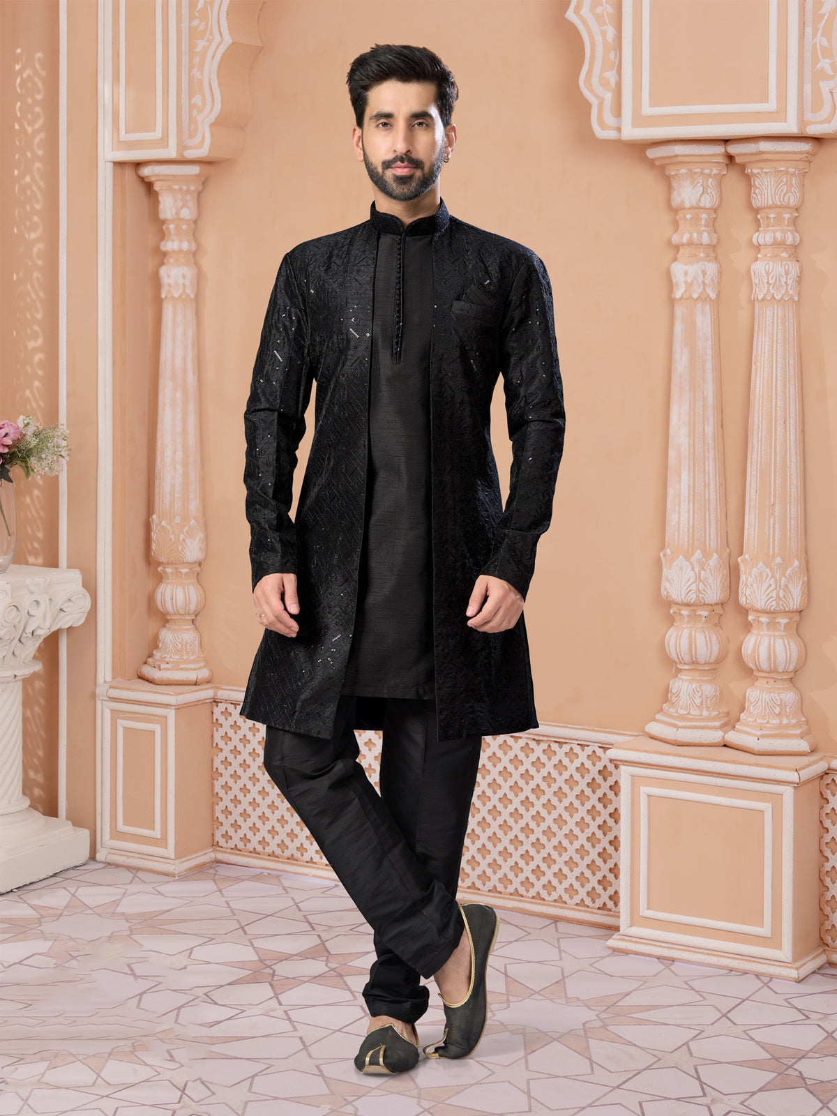 Black Sequin Embroidered Indo Western Sherwani