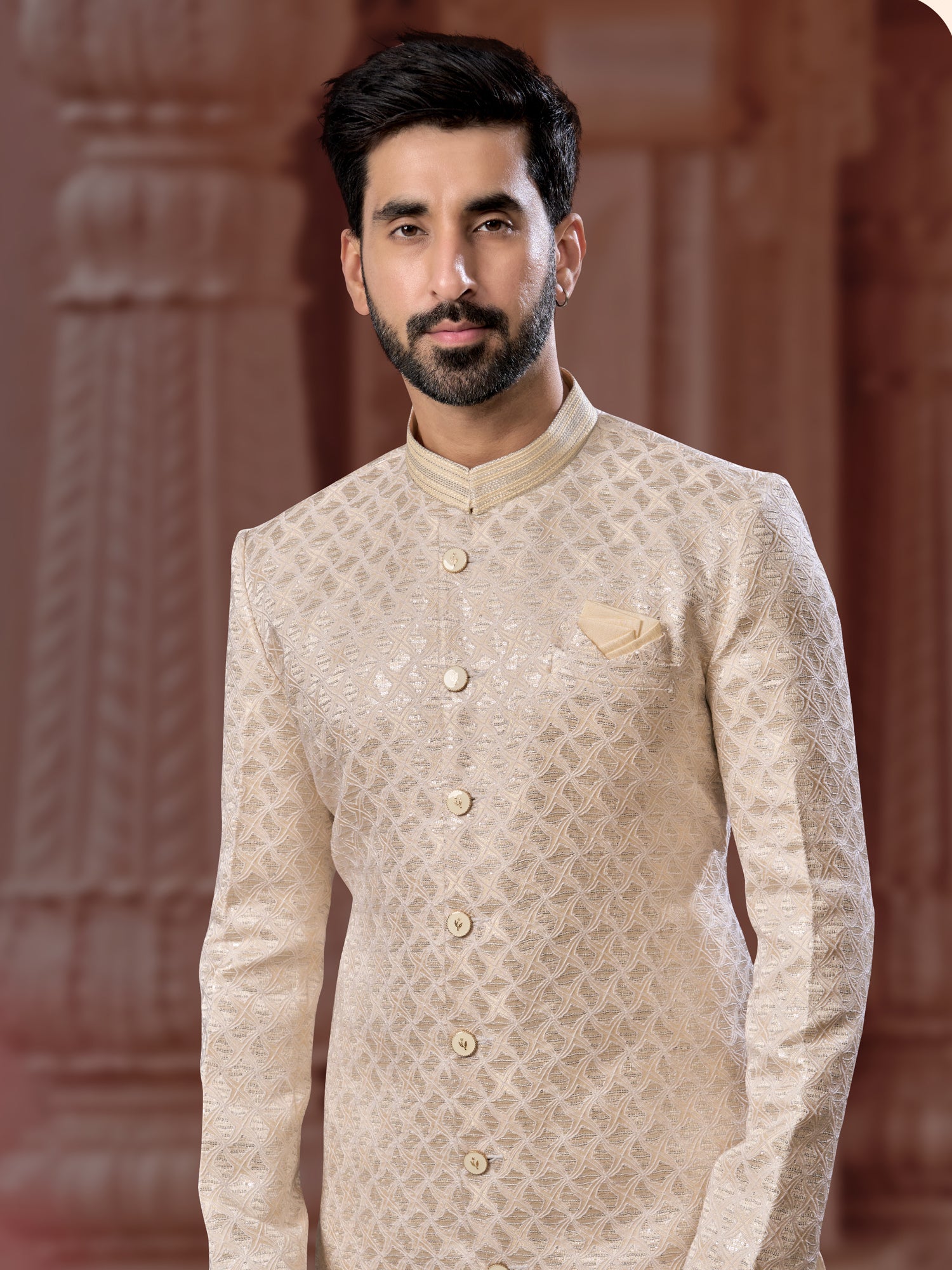 Cream Sequin Embroidered Indo Sherwani