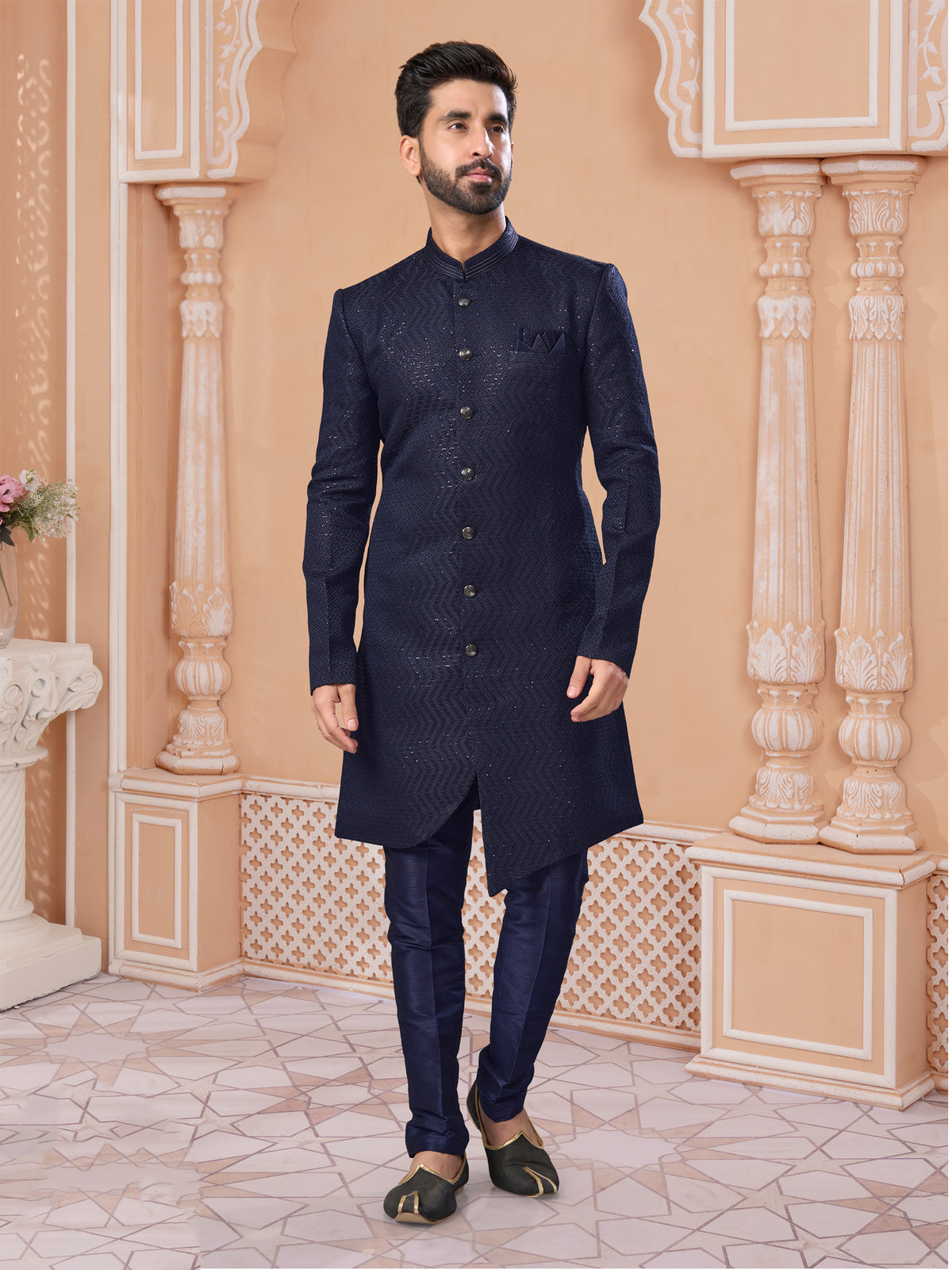 Navy Blue Silk Embroidered Indo Western Set