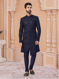 Navy Blue Silk Embroidered Indo Western Set