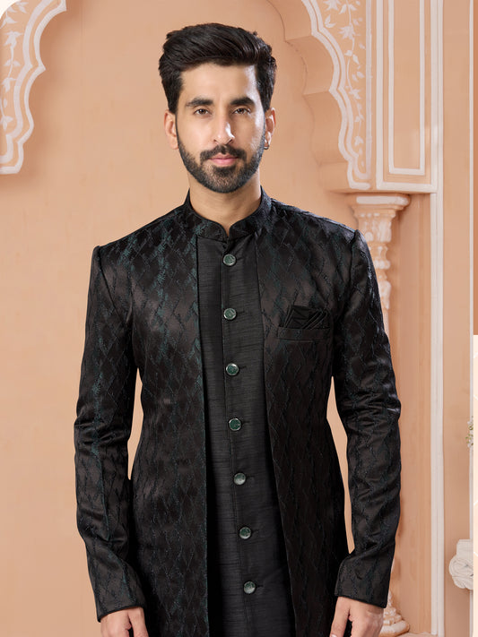Black Silk Embroidered Indo Western Sherwani