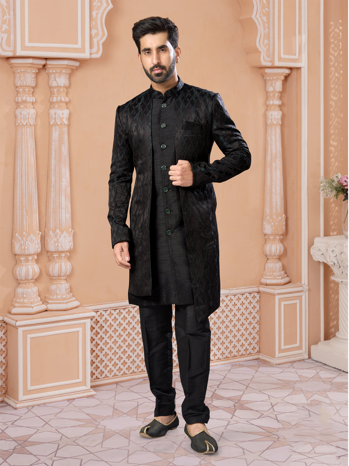 Black Silk Embroidered Indo Western Sherwani