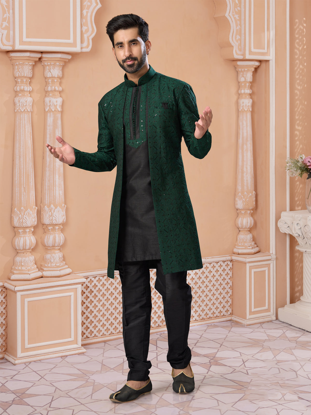 Green Sequin Embroidered Indo Western Set